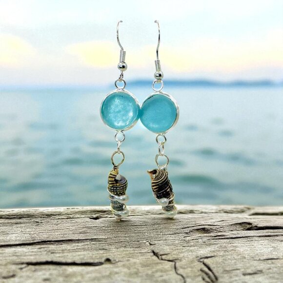 Hand Crafted Jewelry - Artisan Aqua Sea Glass & Conch Shell Dangle Earrings with 925 Hooks